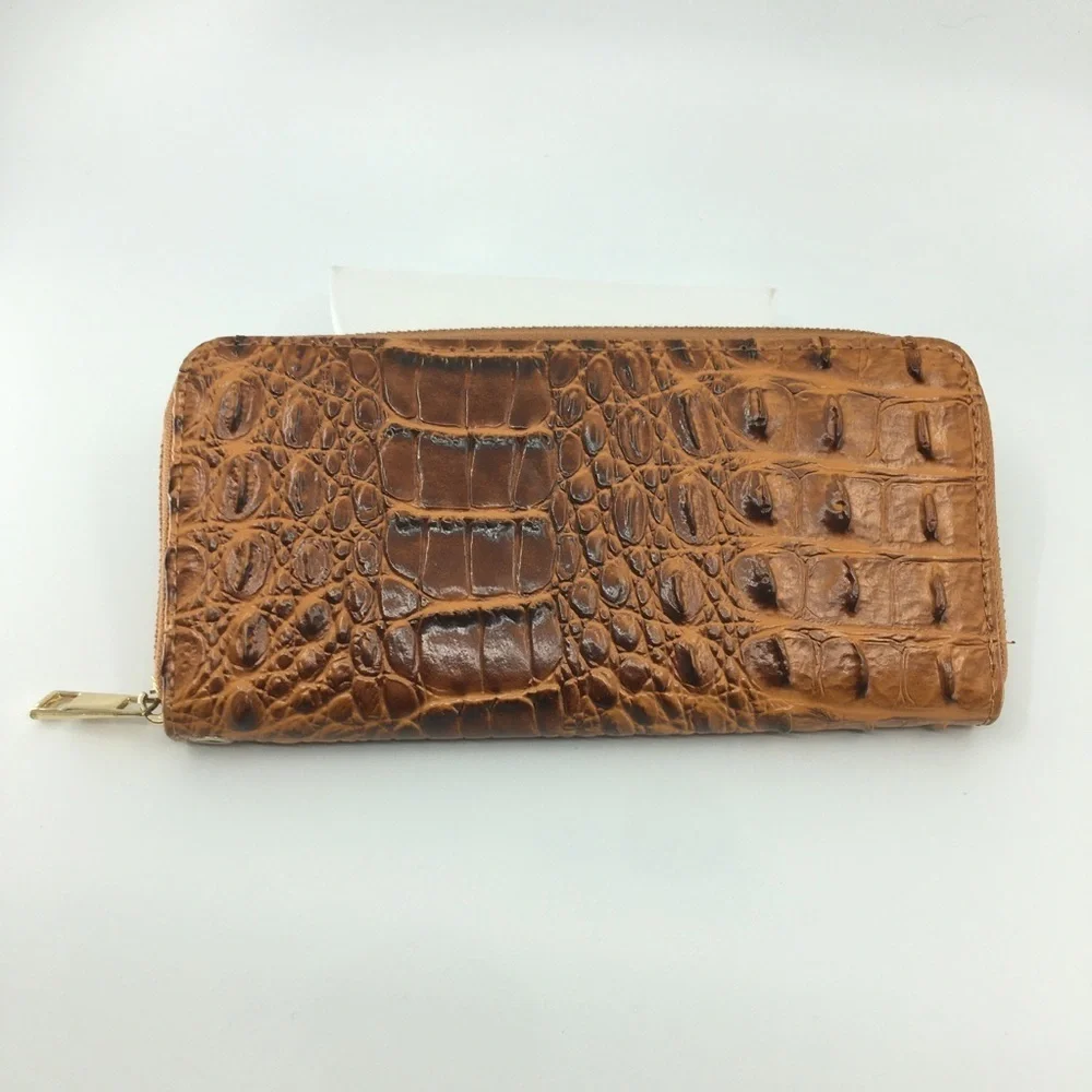Croc Embossed Zip Around Wallet Tan Brown Vegan Faux Leather Brahmin Inspired